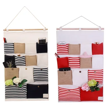 

Hanging Storage Bag Linen Organizer Bags with 13 Pockets Strips Dorm Wall Door E2S