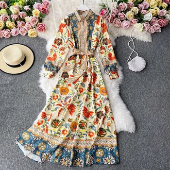 

Palace style shirt dress 2020 fall new retro printing waist thin French big swing skirt