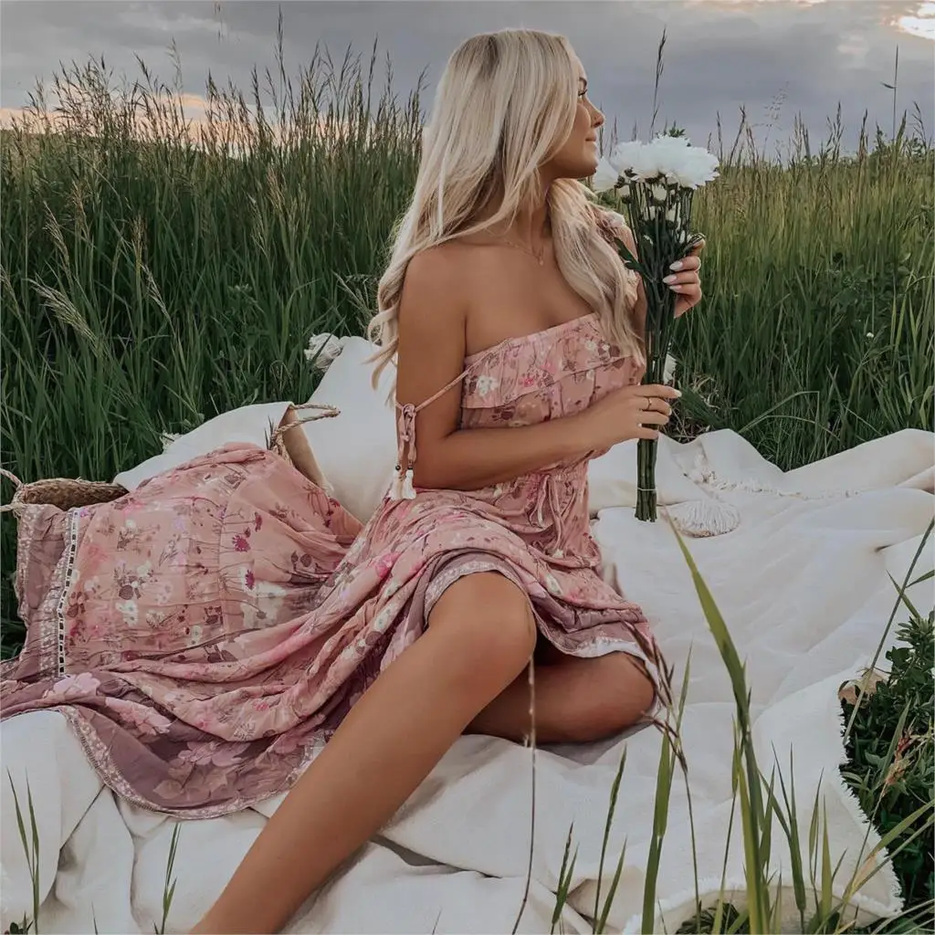 Boho Gypsy Wild Bloom платье на бретельках с цветочным принтом Boho шикарные платья с рюшами на подоле пляжное платье длинные макси платья для женщин Vestidos