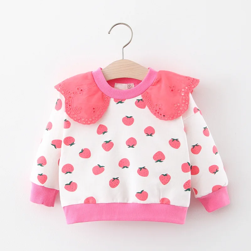 Girls Spring long Sleeve Princess Sweatshirts Baby Kid Cute Strawberry Pattern Outfit Winter Floral Lapel Clothes For 1-3T Child