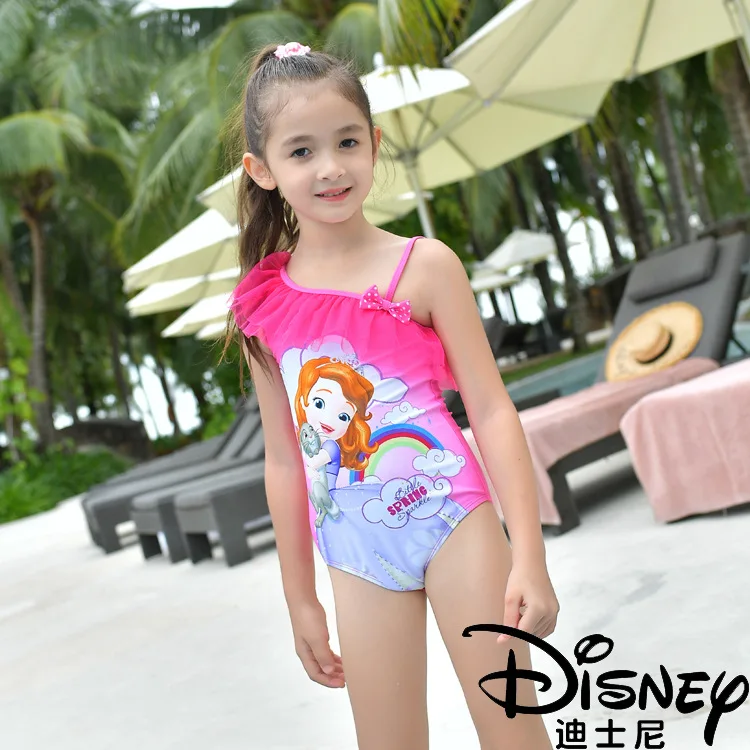 Disney bañador de princesa Sophia para niños, traje de baño de una pieza con cuello Halter, color rosa, de dos - AliExpress