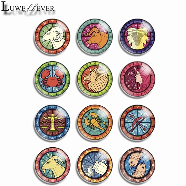 10mm 14mm 16mm 12mm 20mm 25mm 393 12pcs/lot Zodiac Mix Round Glass Cabochons Jewelry Findings 18mm Snap Button Charm Bracelet 5