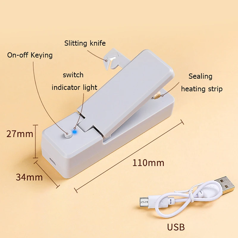Sellador de presión de la mano con USB para el hogar, máquina de sellado térmico, Mini sellador portátil de bolsas de plástico de doble uso