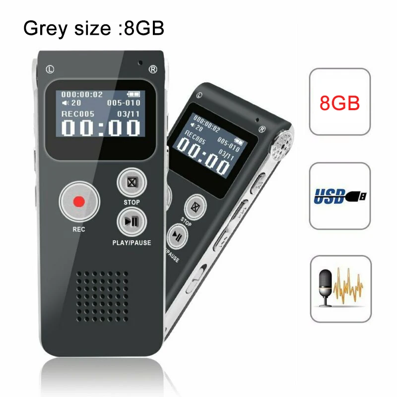 Black 8GB Перезаряжаемый Цифровой диктофон 8G/16G, диктофон, MP3 плеер, запись GK99 - Цвет: Black 8GB
