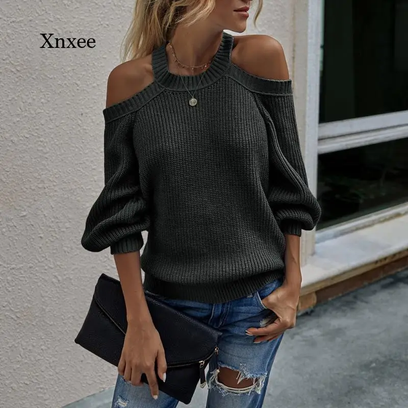 

2021 Spring New Elegant Ladies Sweater Sexy Off-Shoulder High Neck Solid Color Loose Knit Pullover Women Casual Top