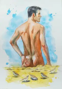 

Artist's original Impressionist oil painting hand-painted on canvas: Watercolor charming mannequin, male model, bird