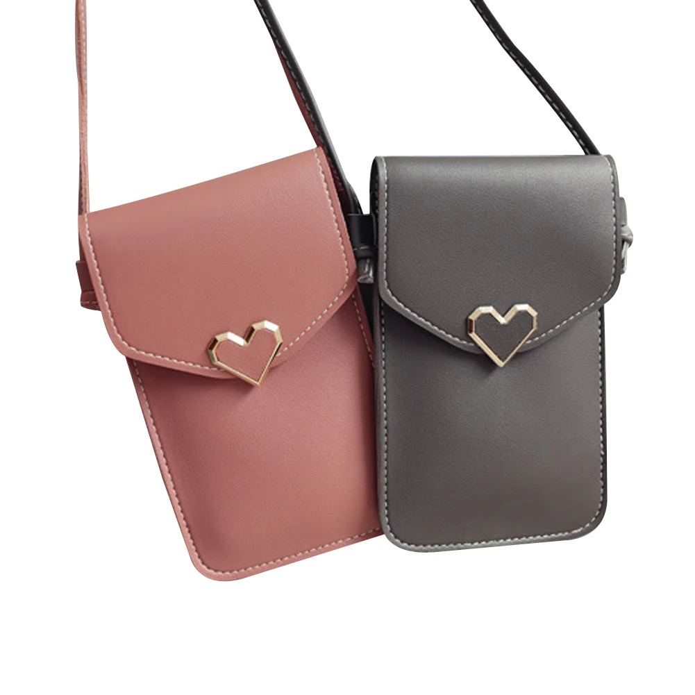 

Ladies Sweet Mobile Phone Bag Girls Summer Heart Decoration Back Transparent Film Mini Messenger Bag Solid Color Cellphone Pouch