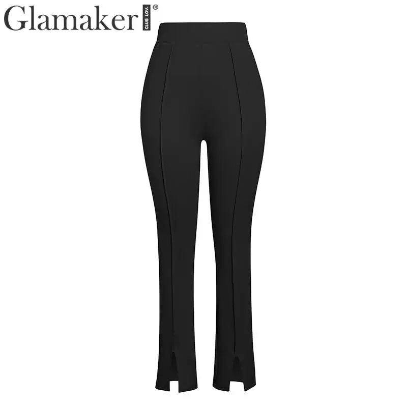 Черный Glamaker однотонные повседневные брюки с высокой талией, женские облегающие брюки с разрезом, женские офисные модные брюки, элегантные брюки - Цвет: Черный