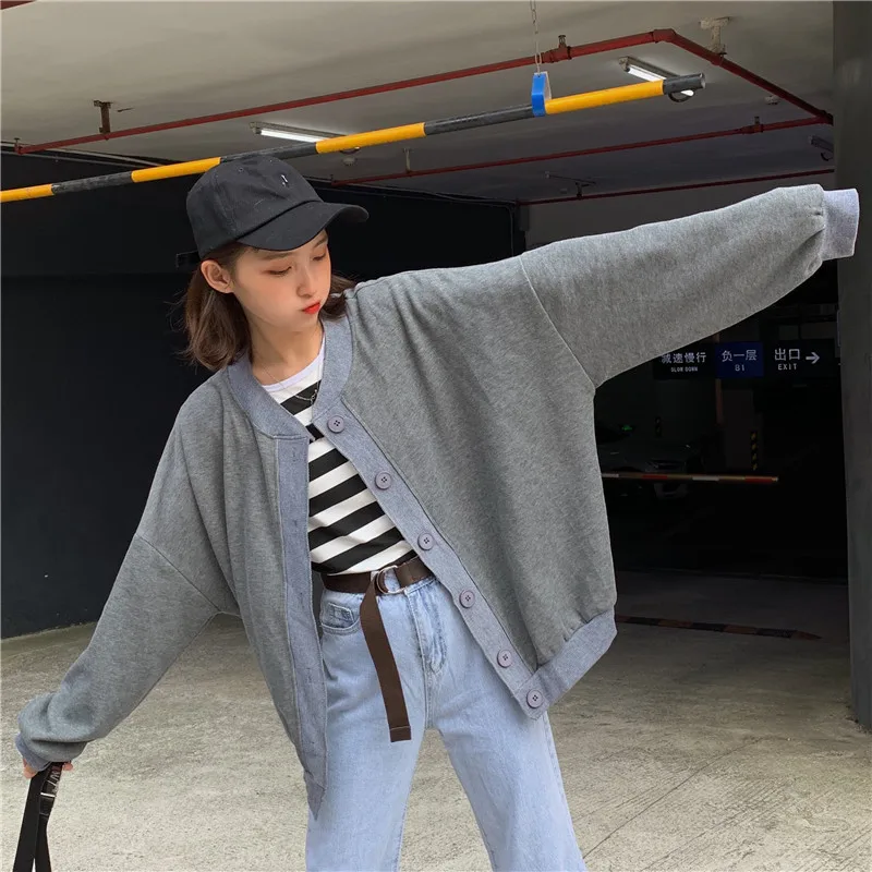Solid Color Cardigan Long Sleeve Woolen Jacket Women's Autumn New Style Korean-style Loose Casual Students Baseball Top