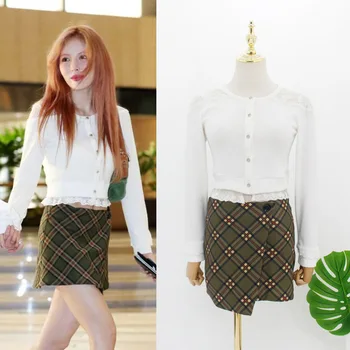 

kpop 4Minute Kim Hyun A white button long sleeved Cardigan lace shirts tops+retro Irregular plaid slim skirt women Two-piece set