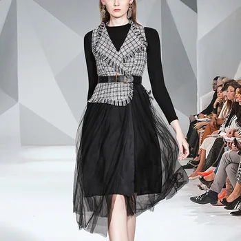 

Spring Autumn Women Two Piece Set Casual Top + Dress Elastic Bottom Shirt Sashes Plaid Tweed Mesh Dress Suit Set 2 Piece Set