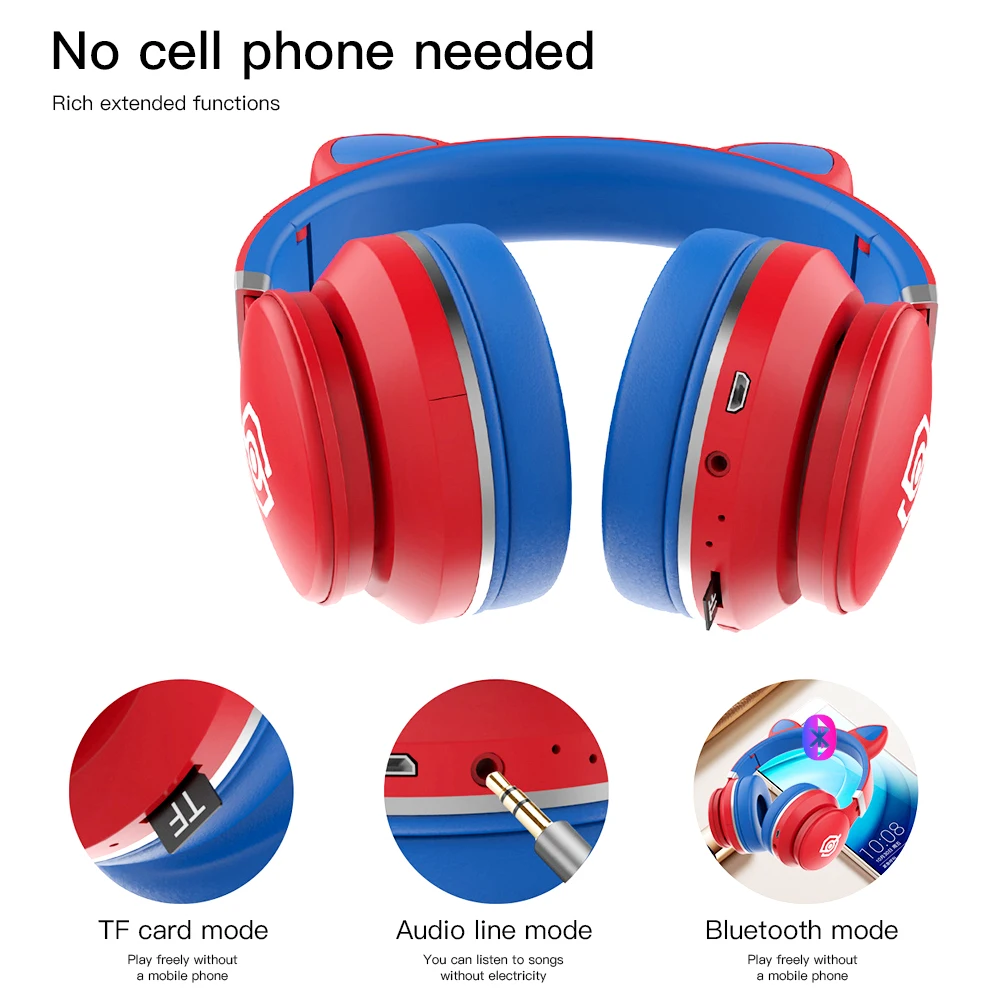 Bluetooth Earphones Cat Ears headphones Gift for Child with LED Support TF card Cute Earphone Wireless Earphone LED Headphones