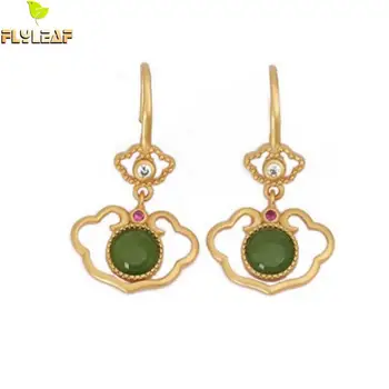 

925 Sterling Silver Natural Jade Hanging Earrings For Women Luxury Handmade 18k Gold Ear Hooks Vintage Fine Jewelry Flyleaf