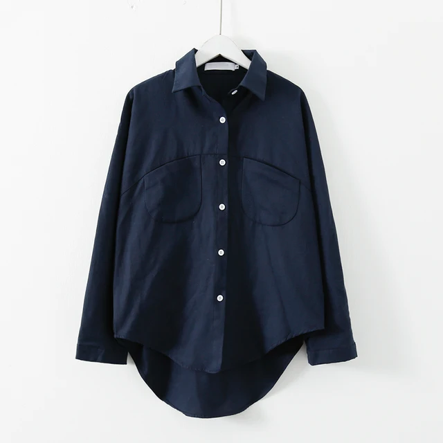 2021 Spring Women Summer Blouse Korean Long Sleeve Womens Tops And Blouses Vintage Women Shirts Blusas Roupa Feminina Tops Navy Blue