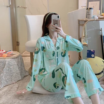 

Ladies Lapel Cardigan Home Wear Set Milk Fiber Cartoon Casual Sleepwear Suit