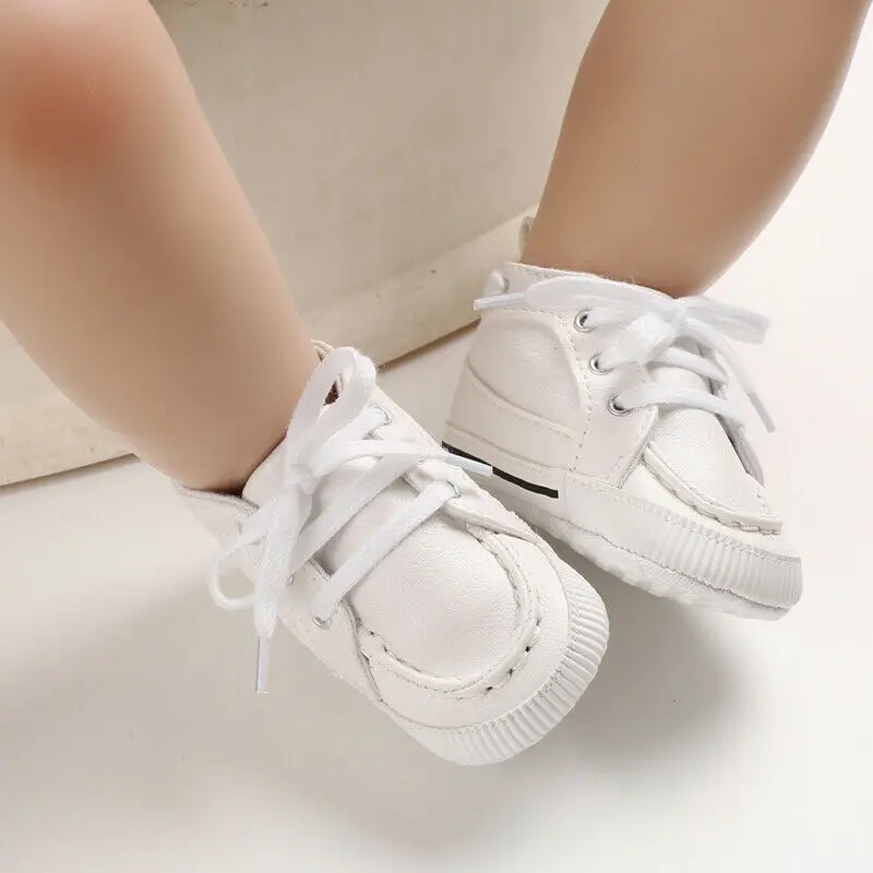 White Lace Up Shoes Обувь для новорожденных детей от 0 до 18 месяцев кожаные мягкие детские ползунки для мальчиков и девочек - Цвет: White Lace Up Shoes