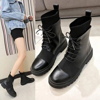 Spring Boots Women Shoes Woman Boots Fashion Flat Round PU Ankle Boots 2019 Spring Elastic Lace Black Boots Comfortable Boots tanie i dobre opinie Navyancy Cross-tied Solid X322 Adult Square heel Basic Synthetic Stretch Fabric Round Toe Winter Polyurethane Rubber Low (1cm-3cm)