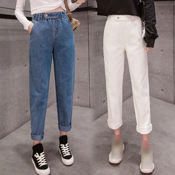 

Female Boyfriend Jeans Ladies Jeans High Waist Elastic Waistl Denim Ripped Jean Woman Plus Size White