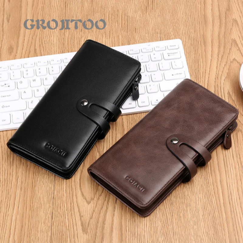 

GROJITOO Genuine Leather Men's wallet zipper buckle long wallet for men large capacity handbag multi-card bag