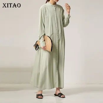 

XITAO Pleated Bandage Dress Fashion Single Breast Full Sleeve Goddess Fan Casual Style New Split Plus Size 2020 Spring DMY4307