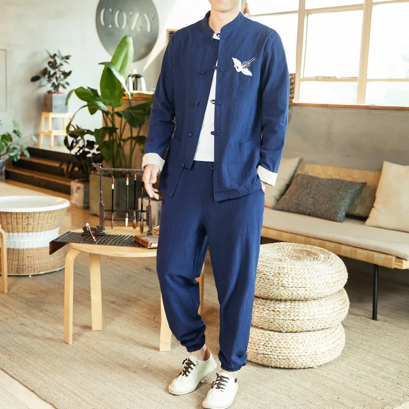 

Chinese-style Autumn And Winter Jacket Cotton Linen Set Chinese Button Knots Lay Clothes Casual Pants Two-Piece Set Loose And Pl