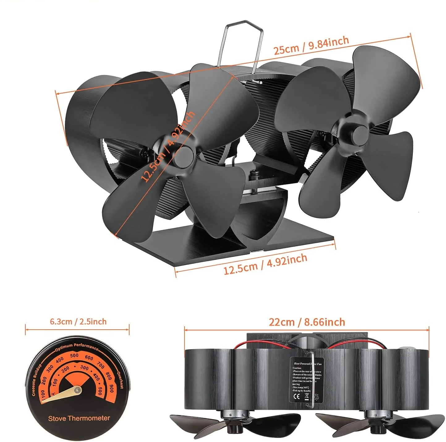 2 In 1 2-heads 8 Blades Fireplace Fan +thermometer Heat Powered Wood Wall  Stove Log Fans Warm Air Distribution Pellet Stoves - Stoves - AliExpress