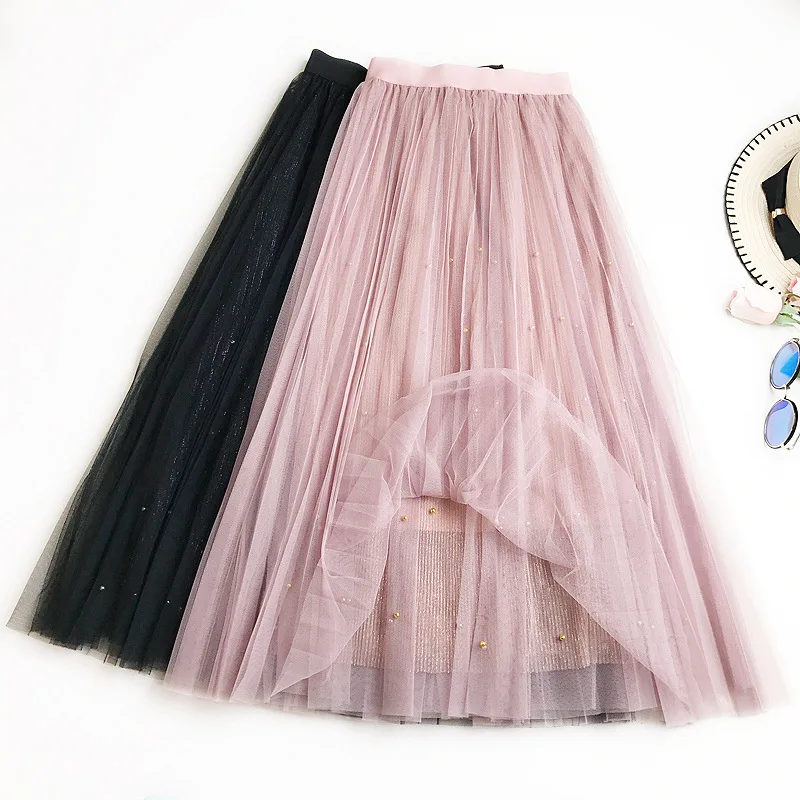 Женские Асимметричные тюлевые юбки Эластичная Высокая талия сетчатая юбка-пачка со складками Длинная Юбка-миди Saias Faldas Jupe Femmle
