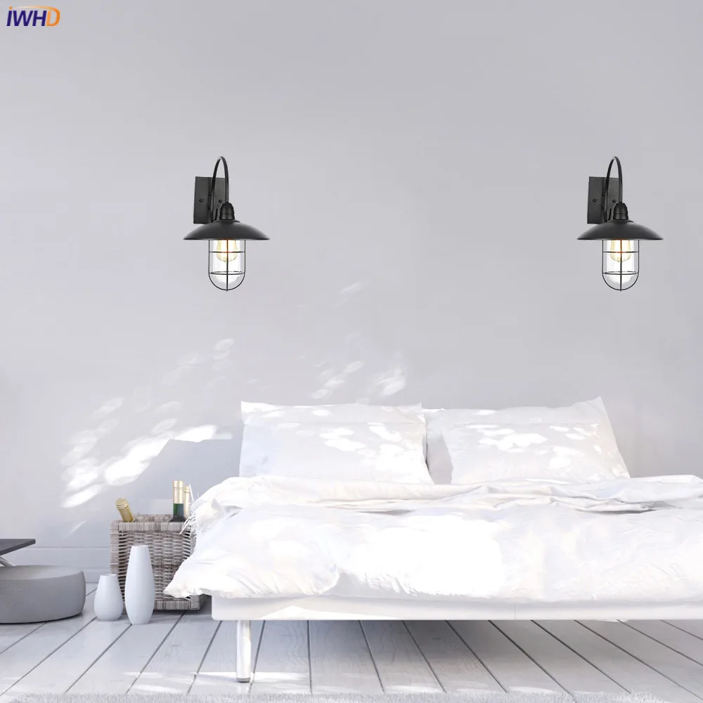 IWHD American Country Retro LED Wall Lights For Home Lighting Black Metal Bathroom Mirror Stair Light Glass Vintage Wall Lamp