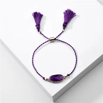 

Geometric Framed Natural Stone Purple Quartz Pull Tie Tassel Bracelet for Women