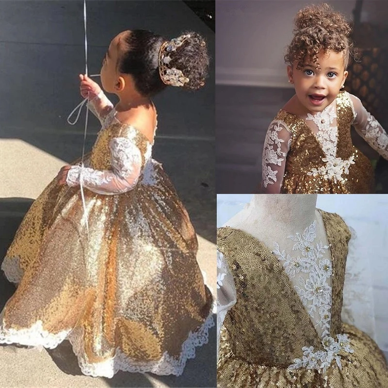 Gold Sequins White Lace Baby Girl 1st ...