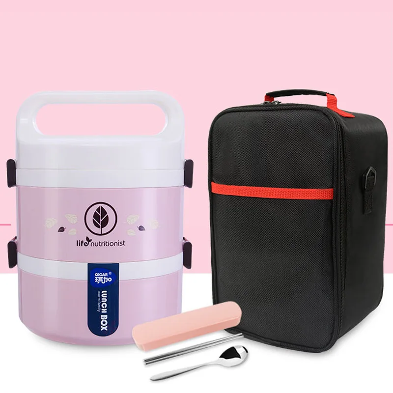 Тепловой герметичный Ланч-бокс из нержавеющей стали для детей, портативный школьный изолированный бэнто-бокс, термос, контейнер для еды, Ланчбокс - Цвет: 2 Layer Pink bag