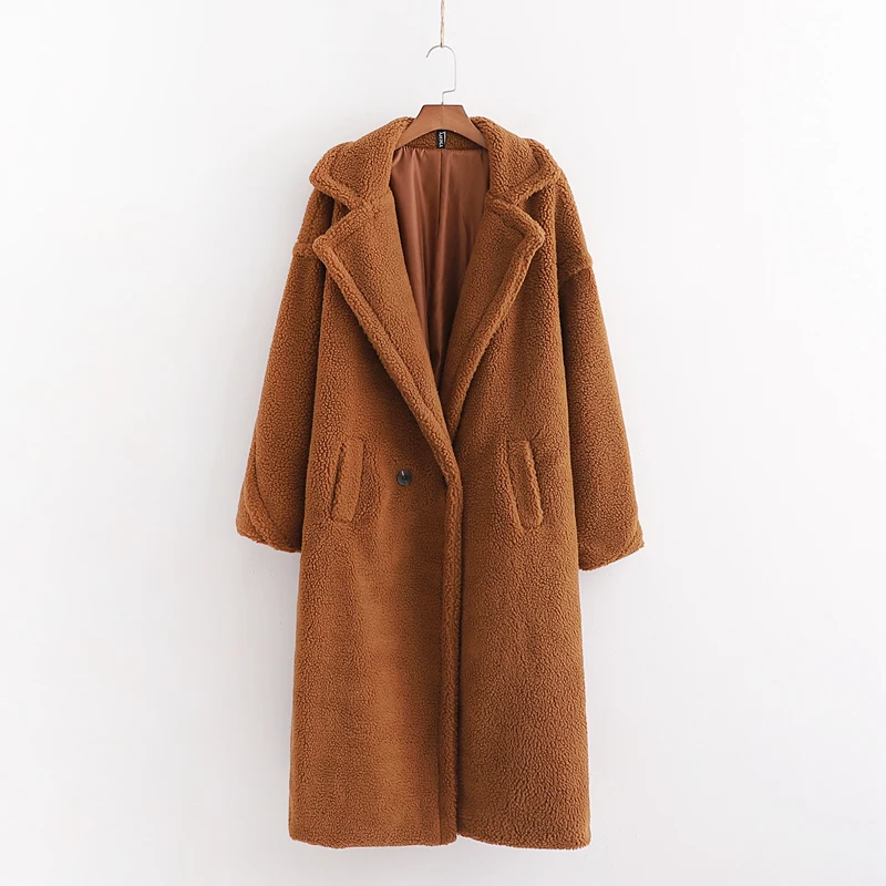 Зимнее пальто женское повседневное длинное меховое пальто шерстяное Женское пальто с длинным рукавом - Цвет: Коричневый