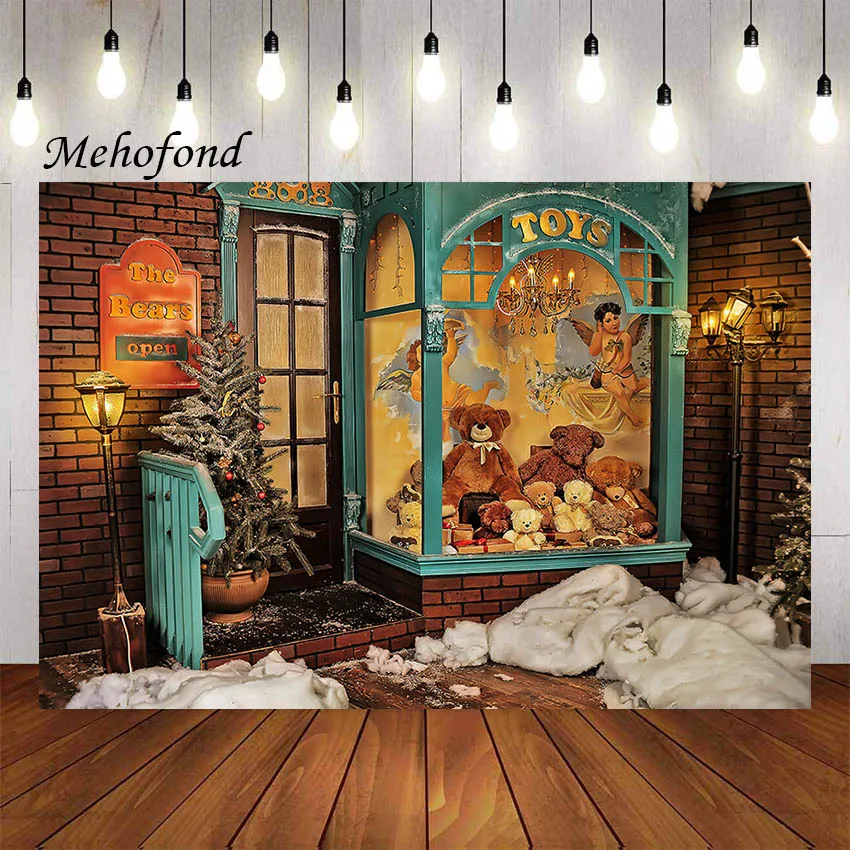 

Mehofond Merry Christmas Photography Background Bear Toys Store Window Kids Portrait Family Holiday Party Backdrop Photo Studio