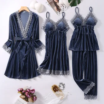 

Winter Velour Lace 4pcs Sleepwear Set Womens V-Neck Cami Nighties Pajamas Sleep Suit Spring Nightgown With Chest Pads Homewear