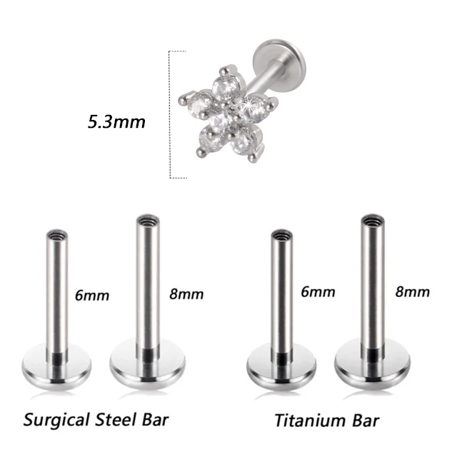 1PC G23 Titanium&Steel 16G CZ Gem Moon Labret Lip Bar Ring Crystal Flower Ear Cartilage Tragus Helix Piercing Screw Fit Top 16g Style C