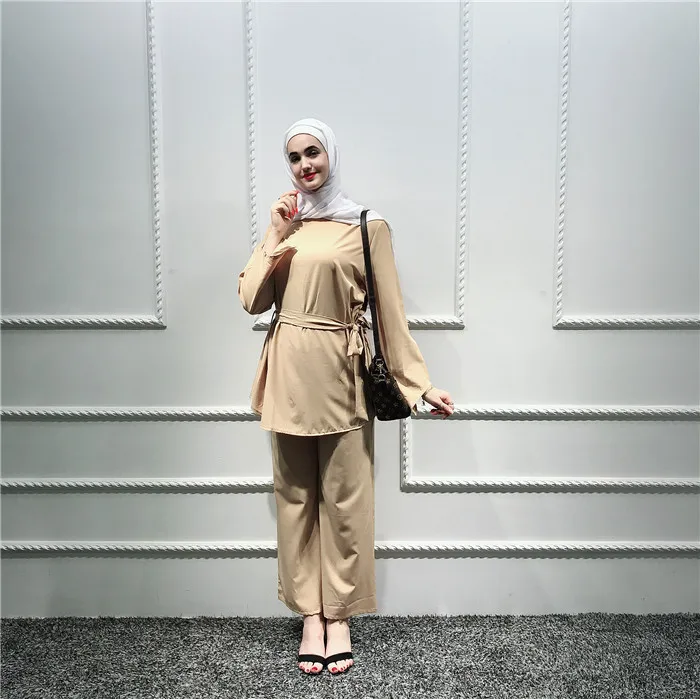 Topos e Calças Conjuntos de Roupas Muçulmano Peças Define Feminino Ramadan Rendas-up Kaftan Abaya Turquia Hijab Modesto Europeias Musulman 2 17 topos e calças kaftan abaya turquia hijab