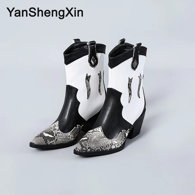 YANSHENGXIN/обувь; женские ботинки; ботинки до середины икры с острым носком и змеиным узором; модная женская обувь; цвет черный, белый; ботинки осень-зима; женские ботинки