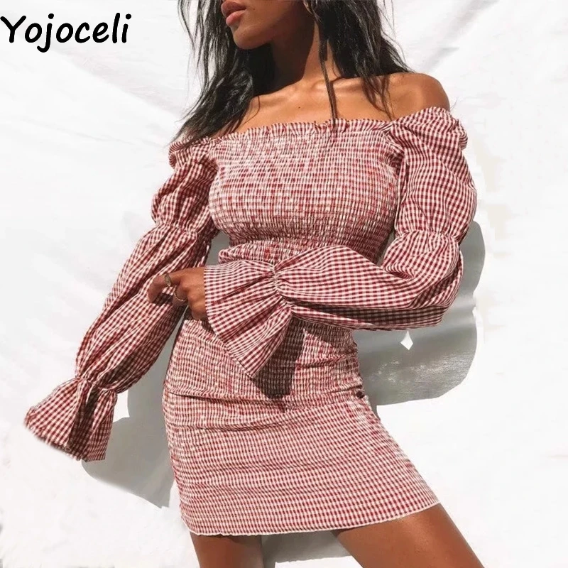 Yojoceli элегантное клетчатое платье с открытыми плечами и рюшами весеннее Короткое