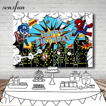

Sensfun Superhero Party Backdrops Captain America Spiderman Building Boys Birthday Party Photography Background Photocall Custom