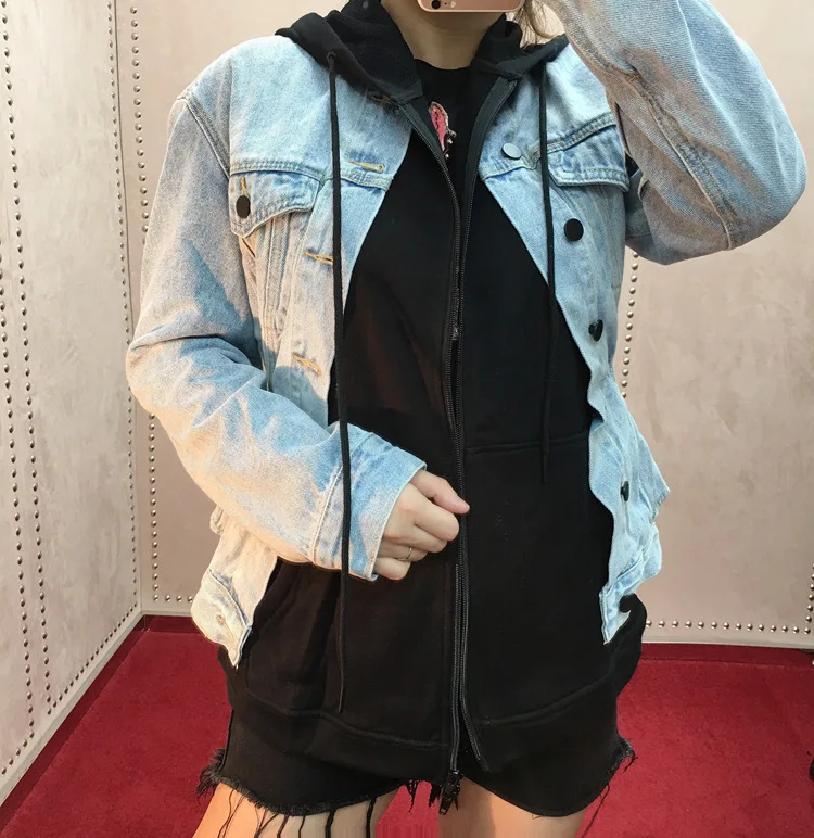 

Fake Two-Piece Cowboy Baseball Uniform Women's 2018 WOMEN'S Jacket Europe And America Winter New Style Hooded Joint Coat Korean-