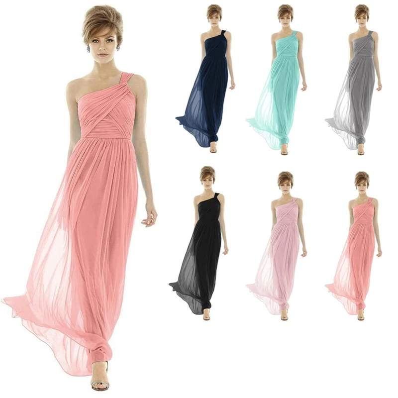 

One Shoulder Nude Pink Bridesmaid Dresses A Line Ruched Chiffon Maid of Honor Robes Floor Length Evening Gowns