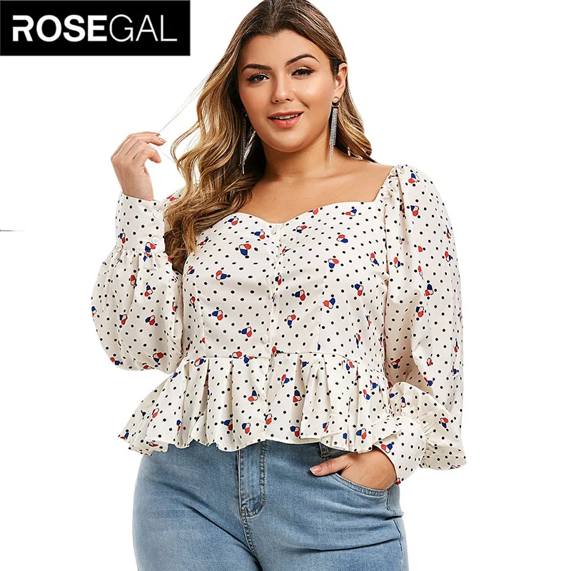 

ROSEGAL Sexy Ruffles Party Tops Shirt Women Long Puff Sleeve Female Vintage Plus Size 3XL 4XL Dot Printed Backless Female Blouse