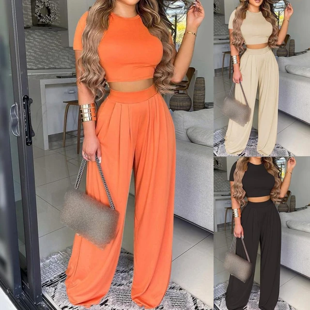 2022 Summer Elegant Women Solid Casual Fitness Tracksuit Set Outfits Short  Sleeve Crop Tops Trouser Flare
