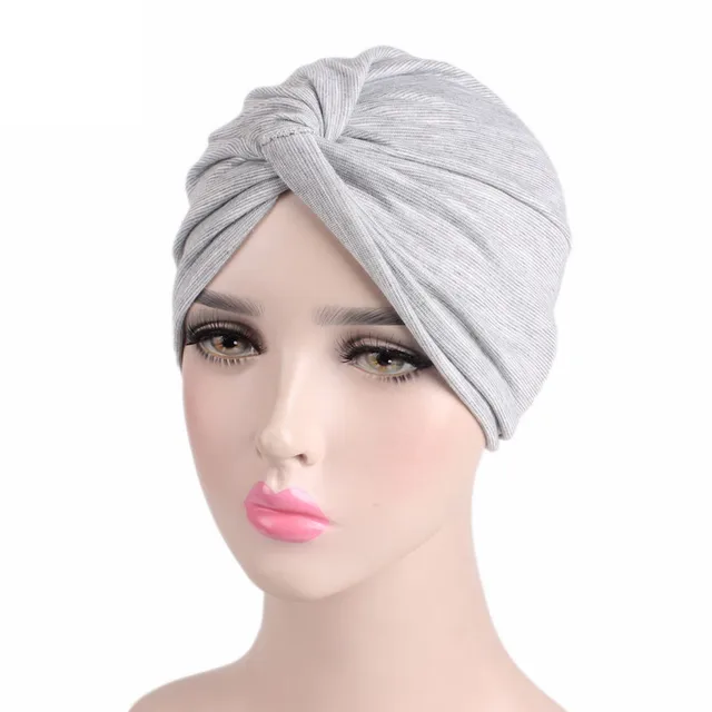 New Muslim Women Pearl Beading Elastic Turban Hat Cancer Cap Head Wrap cotton twist Chemo Cap Beanie Hijab Caps Headwear Gray