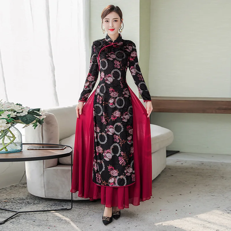 

2019 Autumn And Winter Gold Velvet Middle-aged Women Dress Wedding Elegant Cheongsam Improved Audrey Dress Mid-length Long Sleev