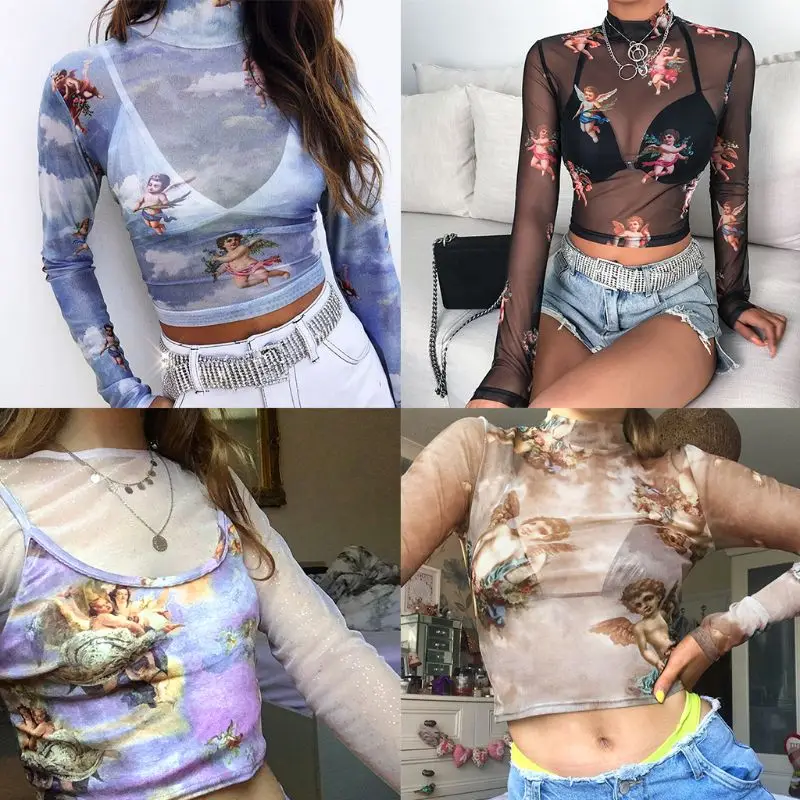 

Womens Summer Long Sleeves Mock Neck Crop Top Romantic Colored Angel Cupid Printed T-Shirt See Through Mesh Party Club 4