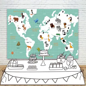 

World Map Backdrop Blue Vinyl Photography Background Wild Animals Map Photo Backdrop for Baby Nursery Classroom Wall Decorations