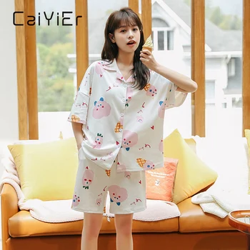 

CAIYIER Korean Summer Cotton Pajamas Set Lovely Pig Cartoon Print Nightwear Short Sleeve Sleeve Sleepwear Fashion Pijama Mujer