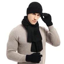 Winter Beanie Hat Scarf Gloves Three-piece Set Women Men Touch Screen Gloves Outdoor Warm Velvet Knitted Unisex Beanie Hats Sets