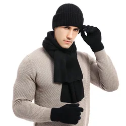 Winter Beanie Hat Scarf Gloves Three-piece Set Women Men Touch Screen Gloves Outdoor Warm Velvet Knitted Unisex Beanie Hats Sets